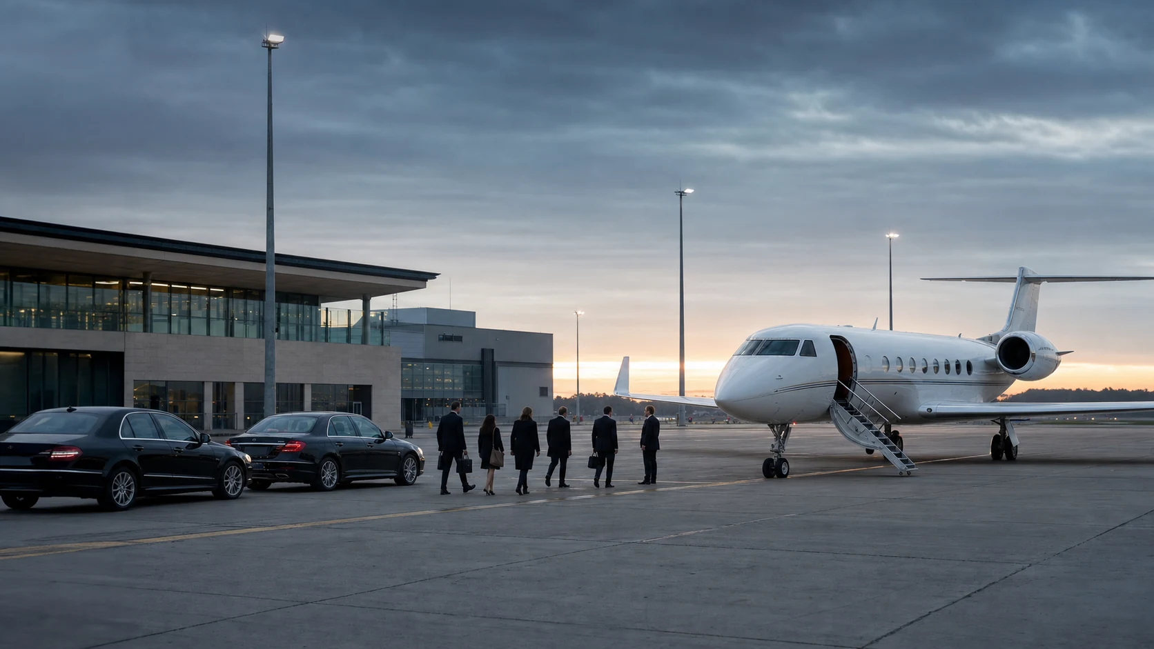 Diplomatic delegation approaching a private aircraft at an executive airport terminal