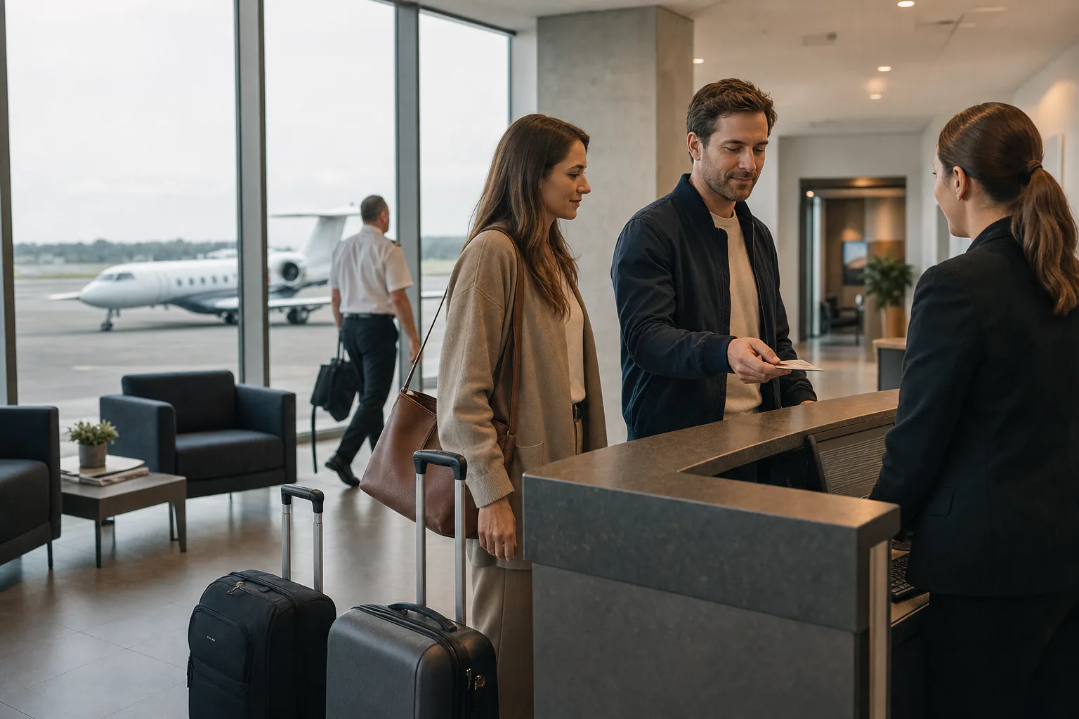 Travelers checking in at a private aviation terminal before their flight
