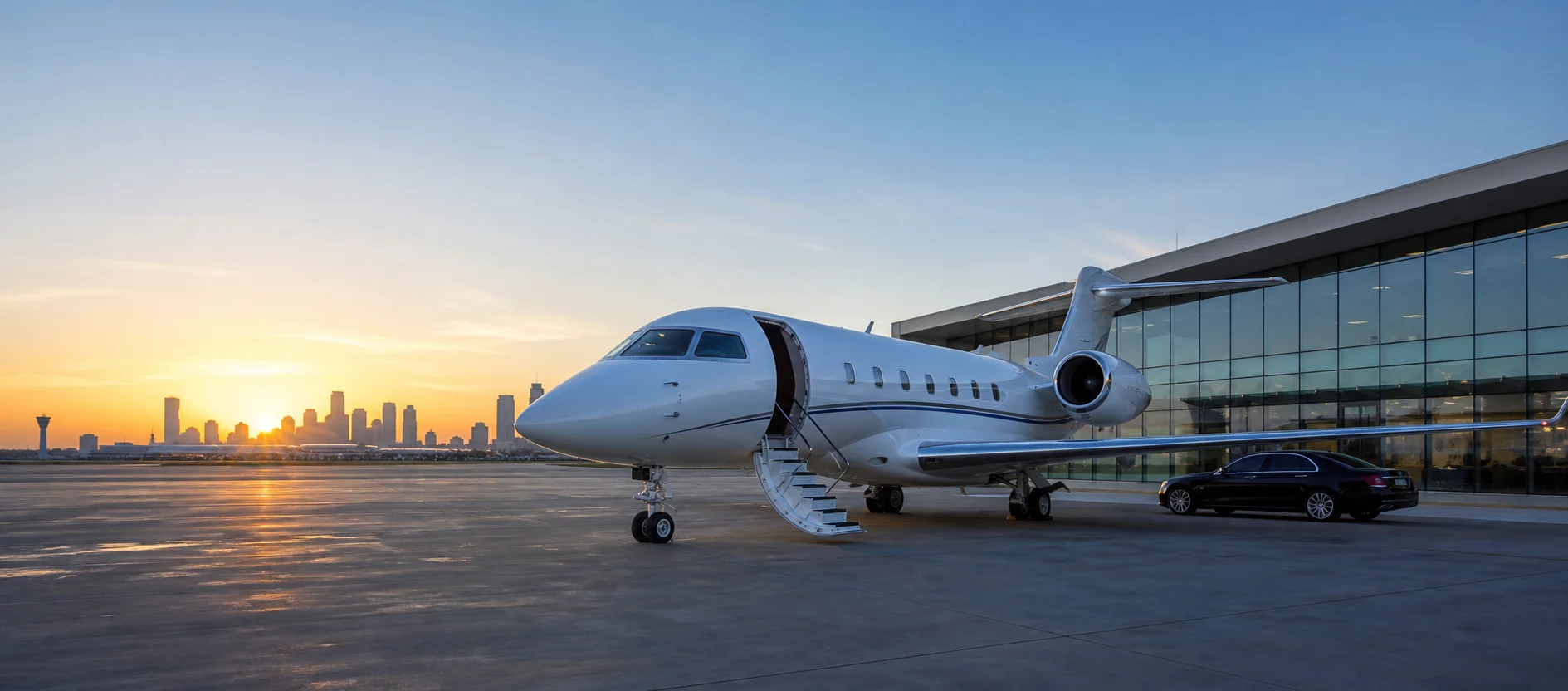 Private aircraft positioned outside a modern executive terminal