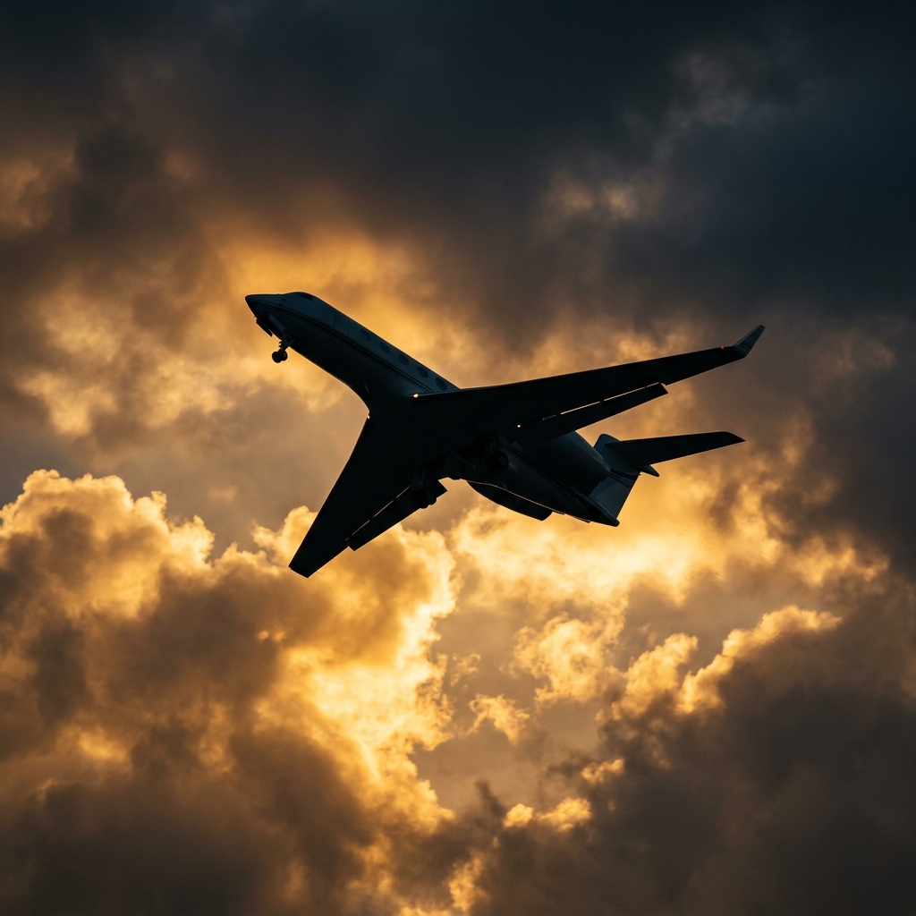 Business jet at an airport during sunset