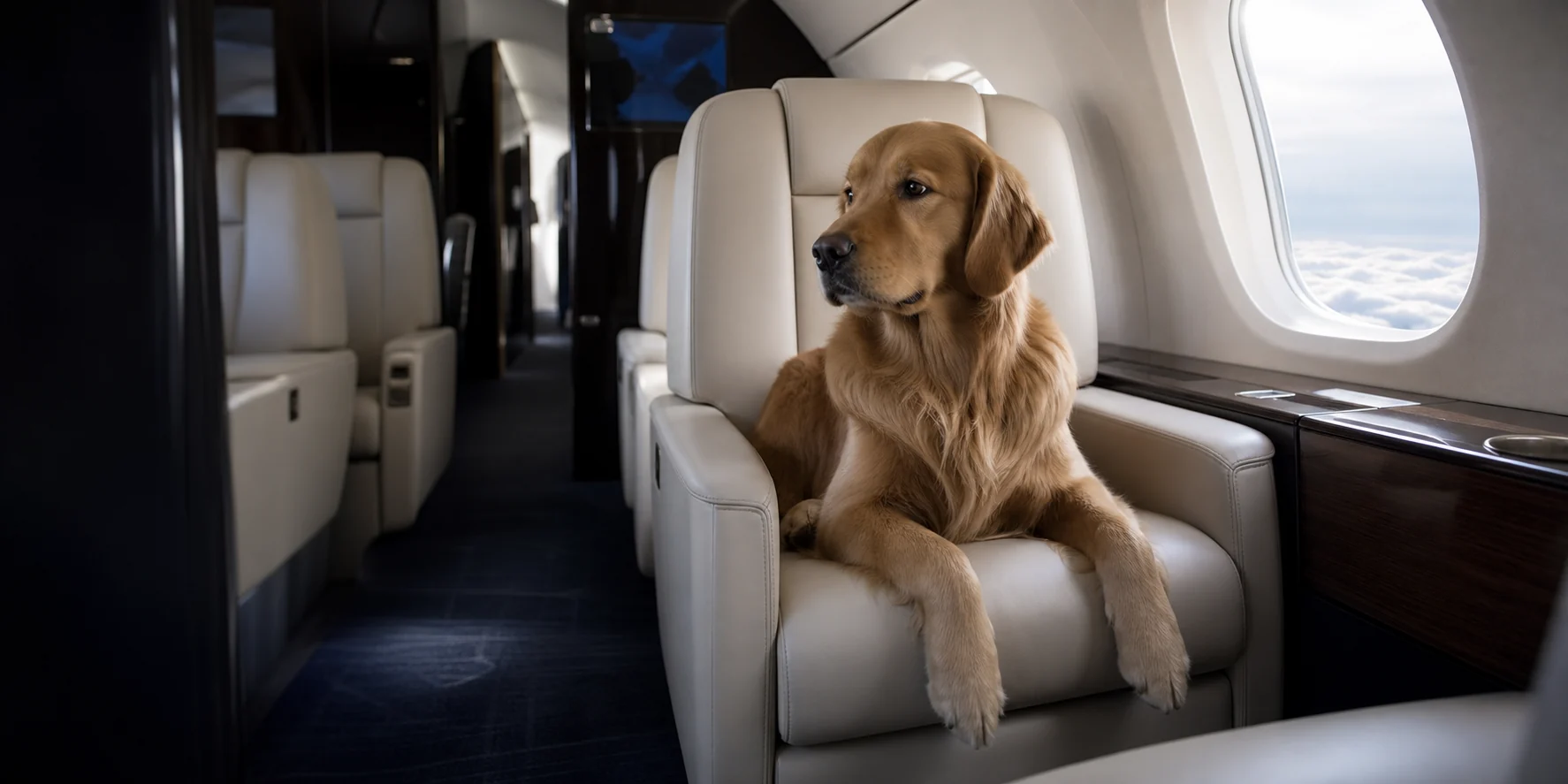 Golden retriever traveling comfortably inside a private jet