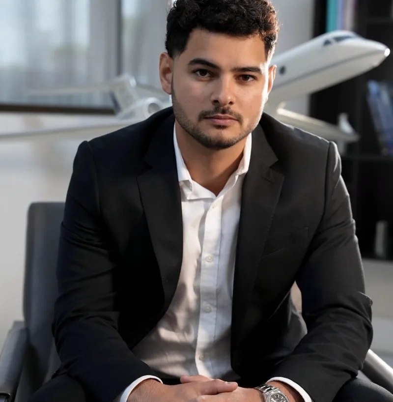 Jordan Strum seated in a dark suit with private jet models in the background