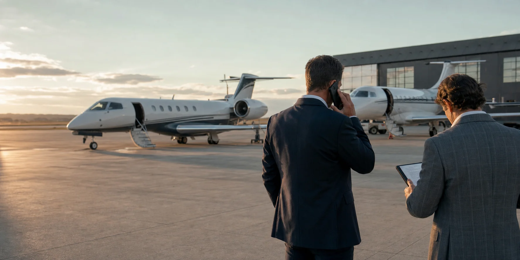 Private jet brokers coordinating a charter deal by phone and tablet on an airport flight line
