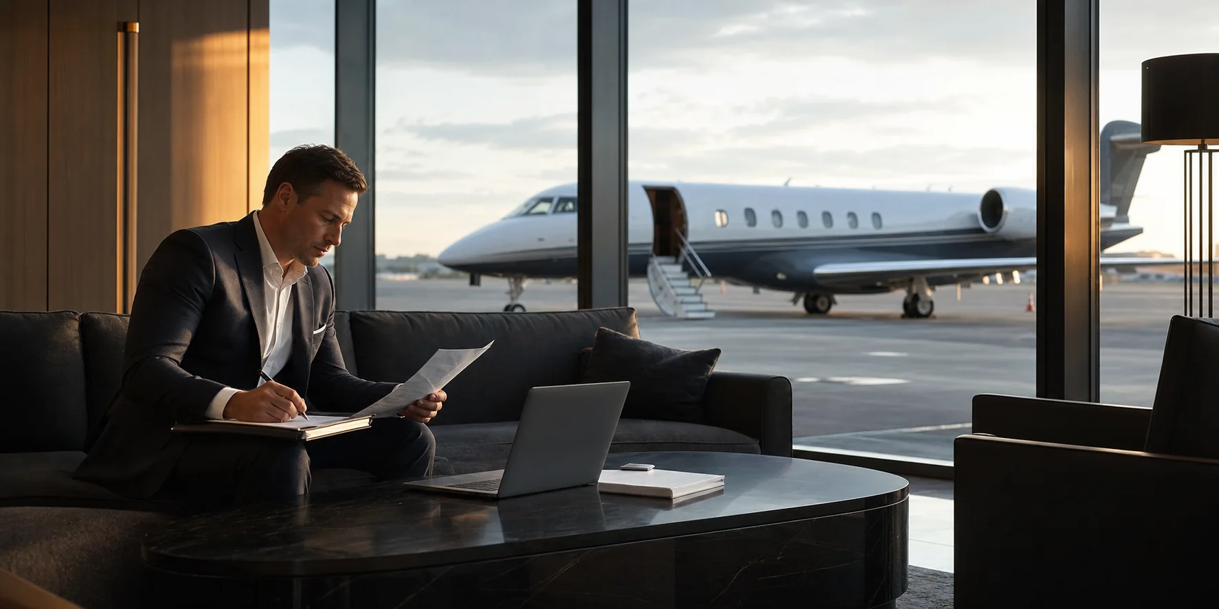 Private aviation sales professional reviewing a charter itinerary beside a business jet