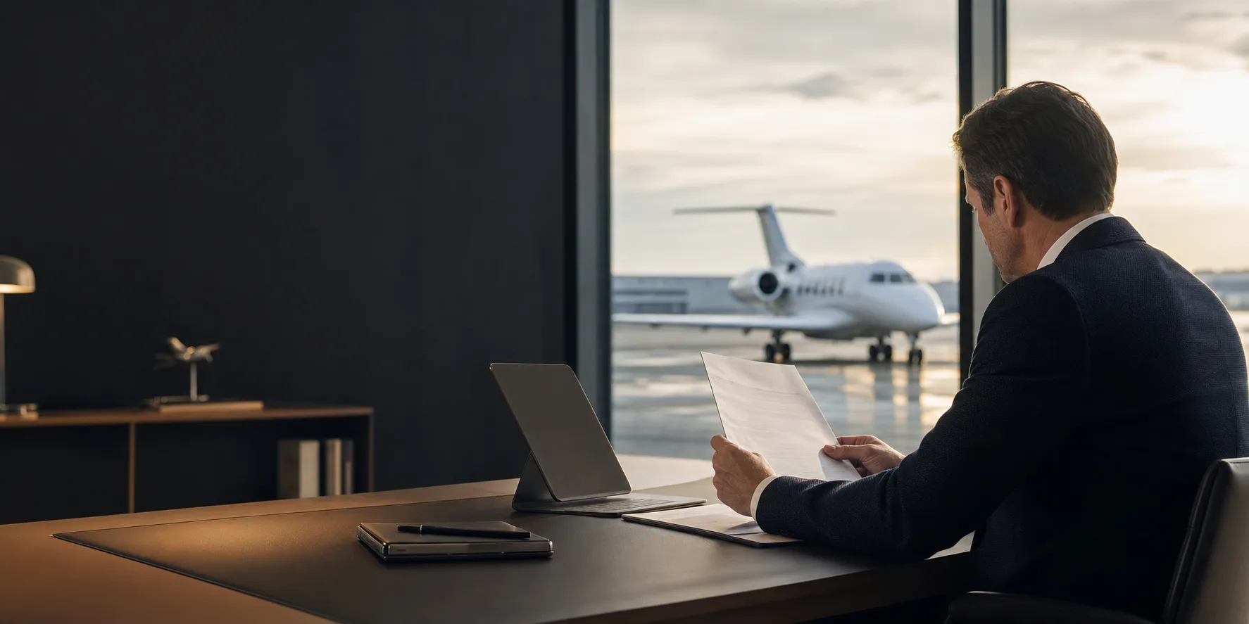 Private aviation professional reviewing a charter agreement beside a hangar window