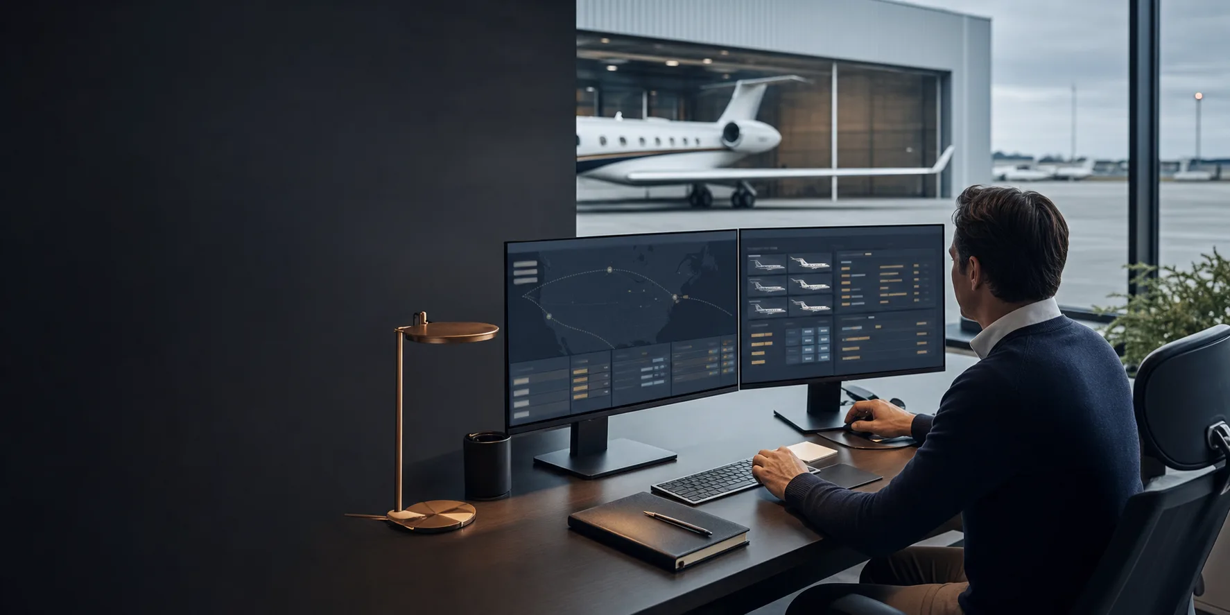 Charter professional comparing routes and aircraft options at a dual-screen workstation