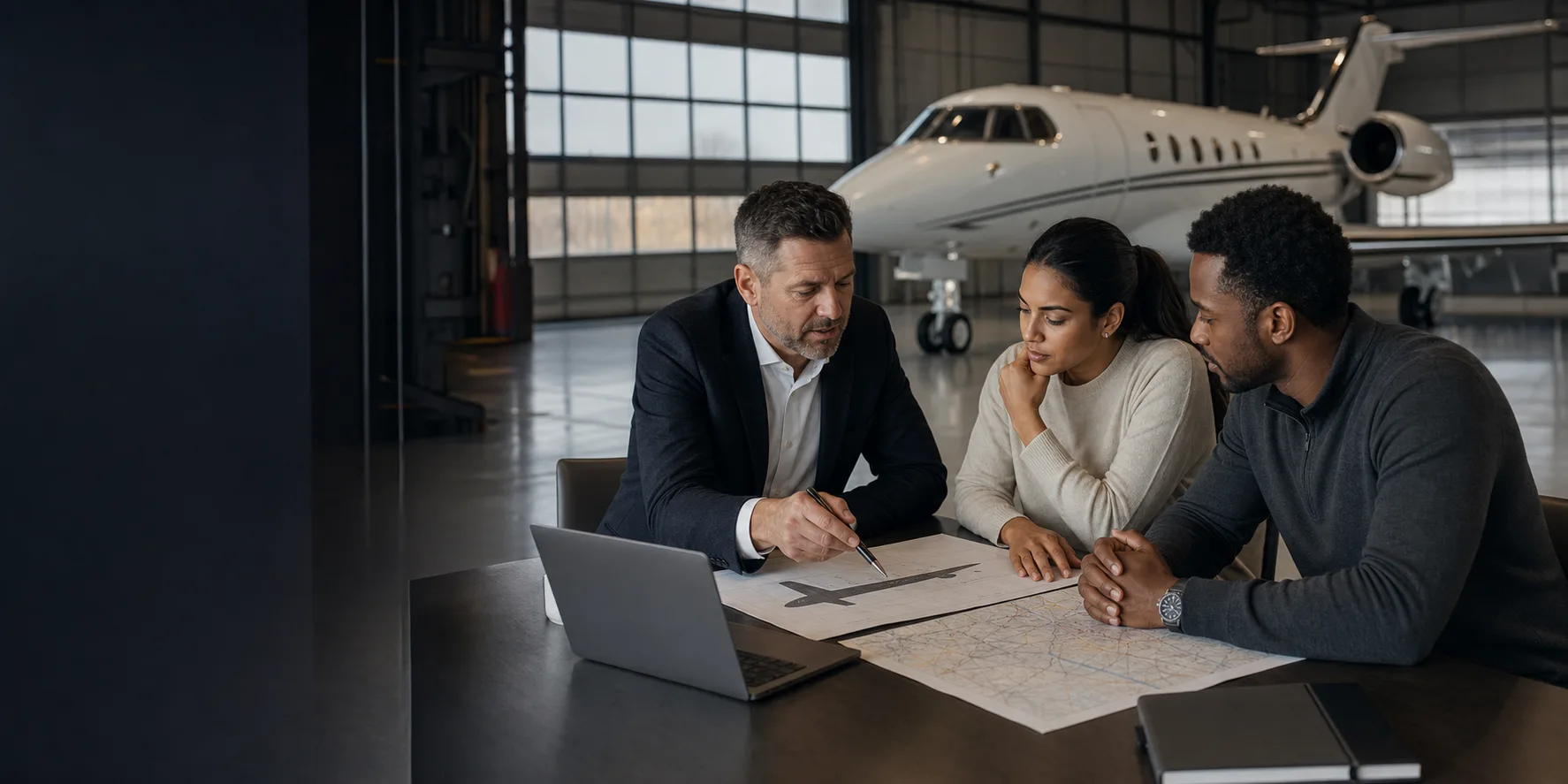 Private aviation instructor working with two broker trainees inside a hangar