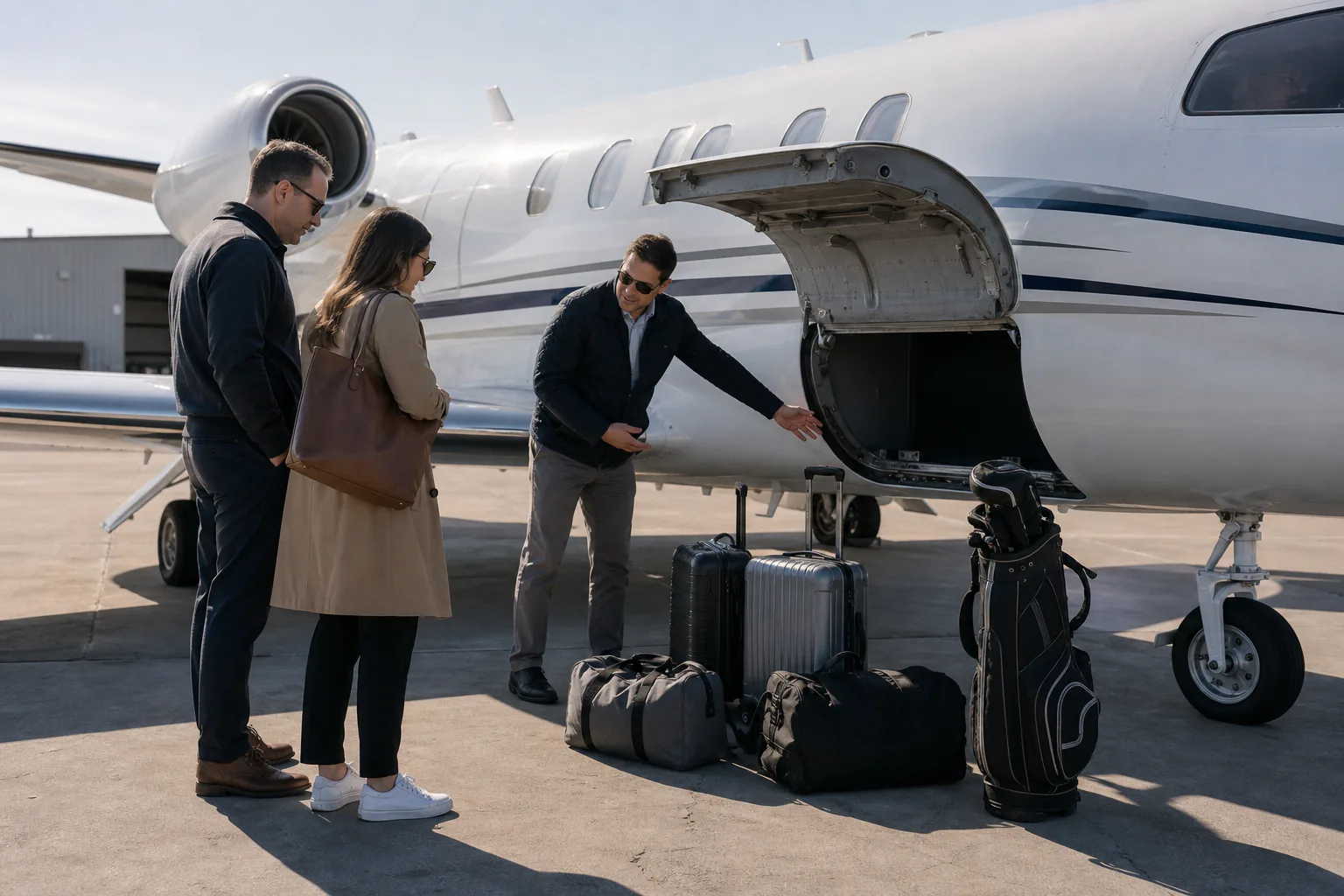 Travelers reviewing luggage beside an open private jet baggage compartment